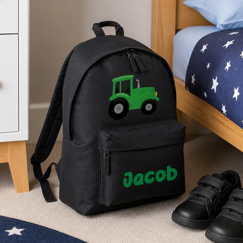 Personalised Tractor - Black Kids Backpack with Name