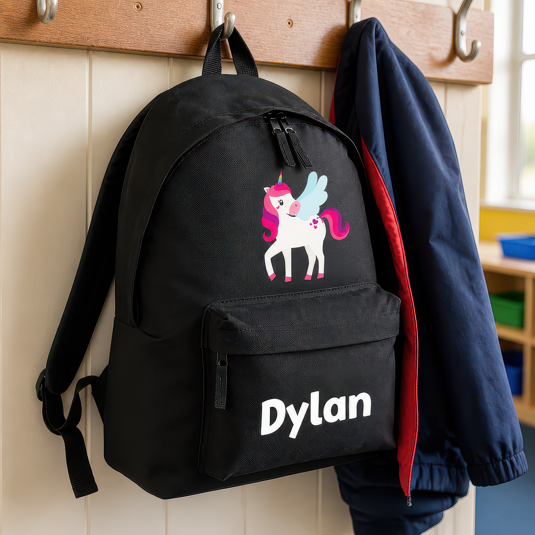 Personalised Unicorn Wings - Black Kids Backpack with Name - alternative view