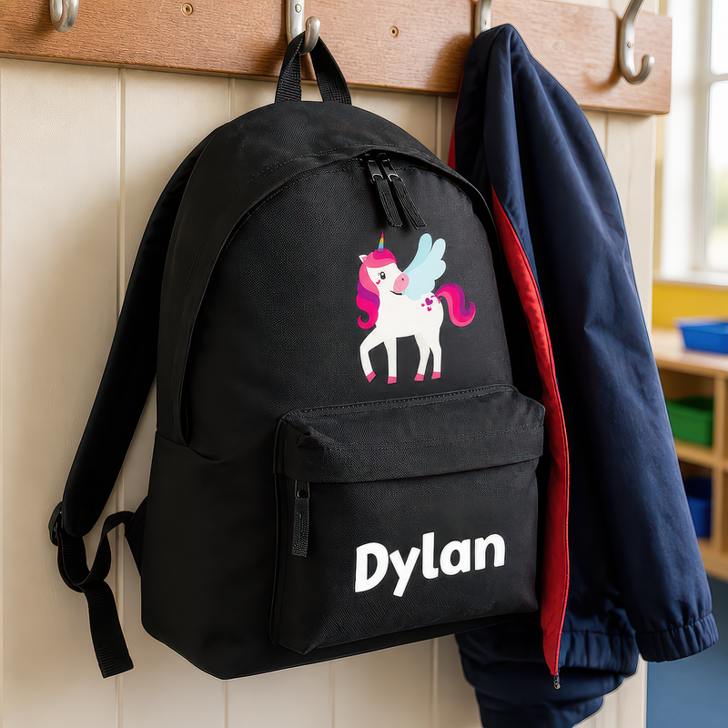Personalised Unicorn Wings - Black Kids Backpack with Name - alternative view