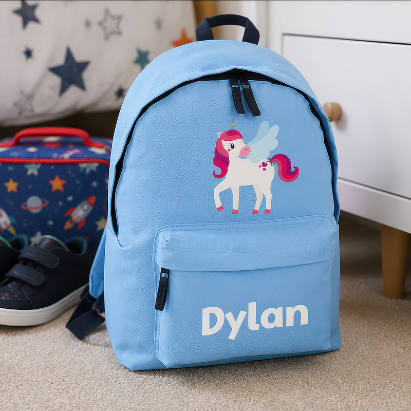 Personalised Winged Unicorn - Light Blue Kids Backpack with Name - alternative view