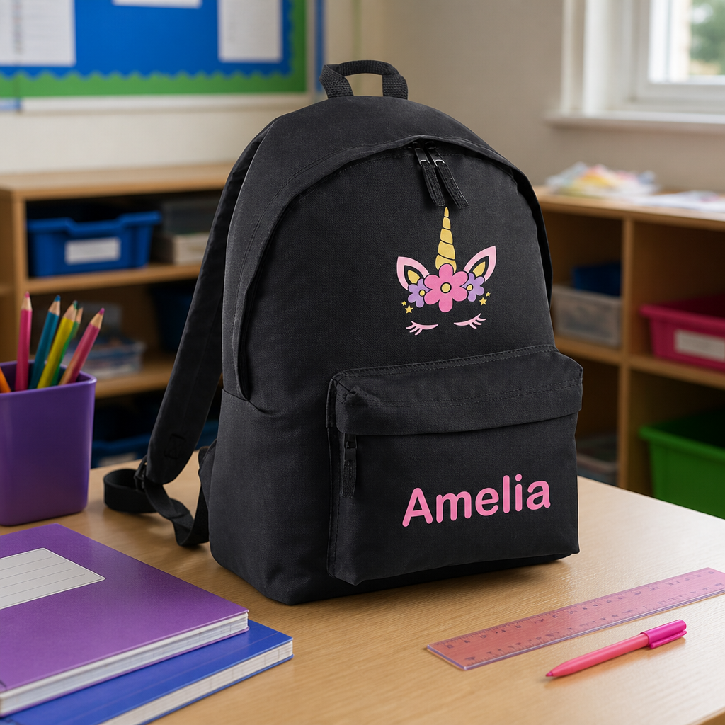 Personalised Unicorn Flower - Black Kids Backpack with Name