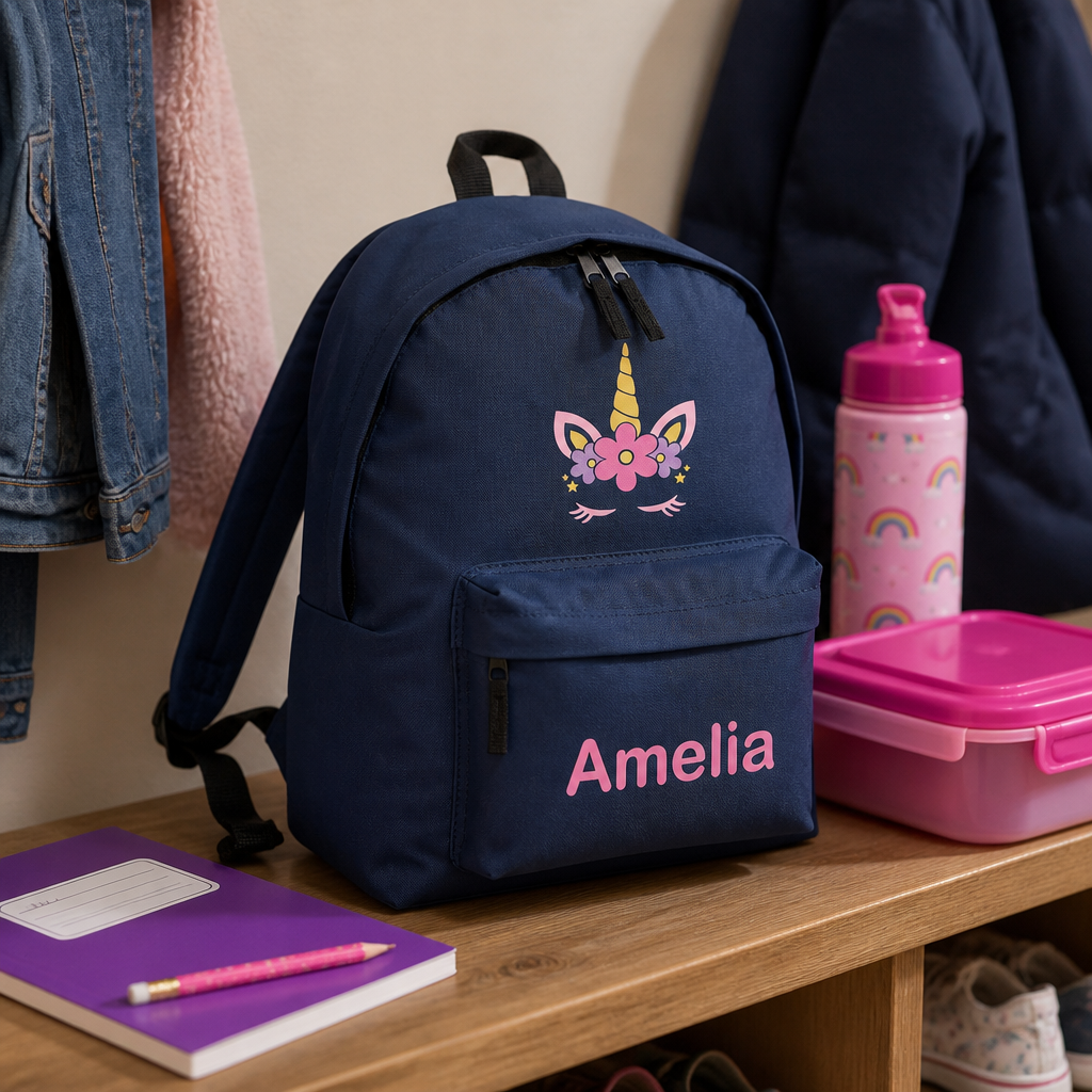 Personalised Unicorn Flower Crown - Navy Kids Backpack with Name