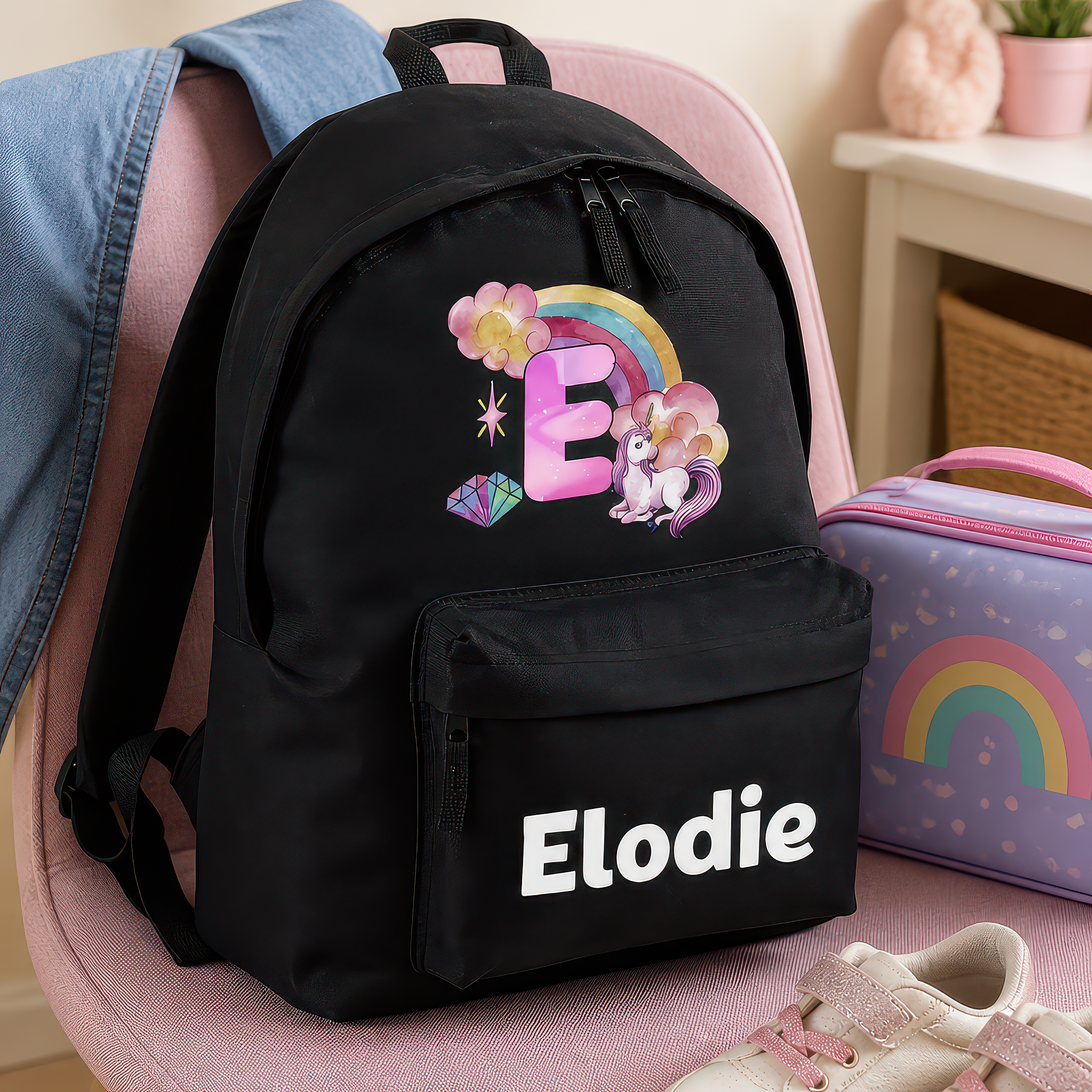 Personalised Unicorn Initial - Black Kids Backpack with Name and Initial - alternative view