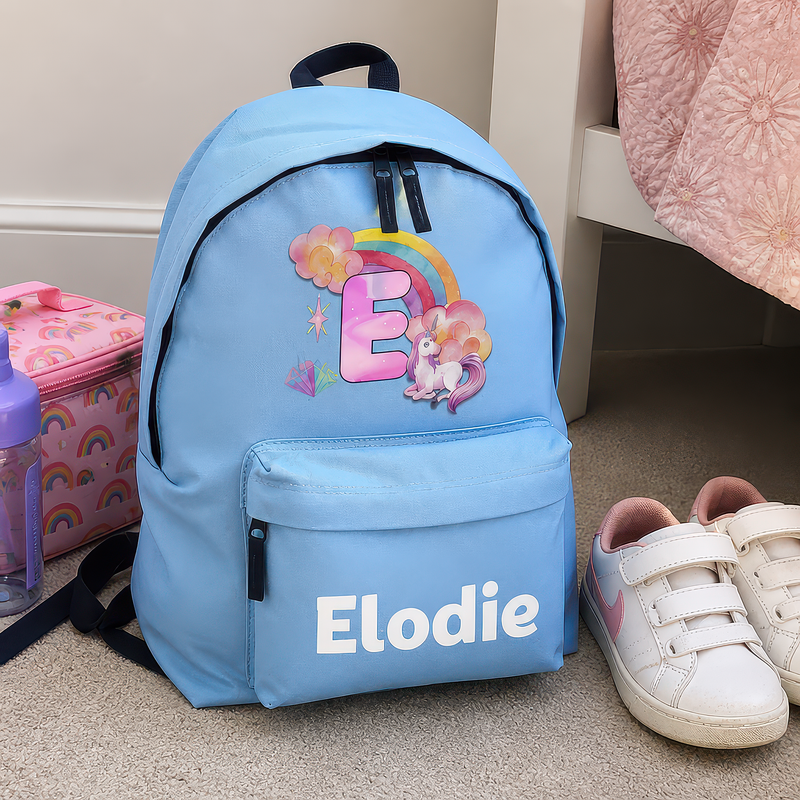 Personalised Unicorn Initial - Light Blue Kids Backpack with Name and Initial - alternative view