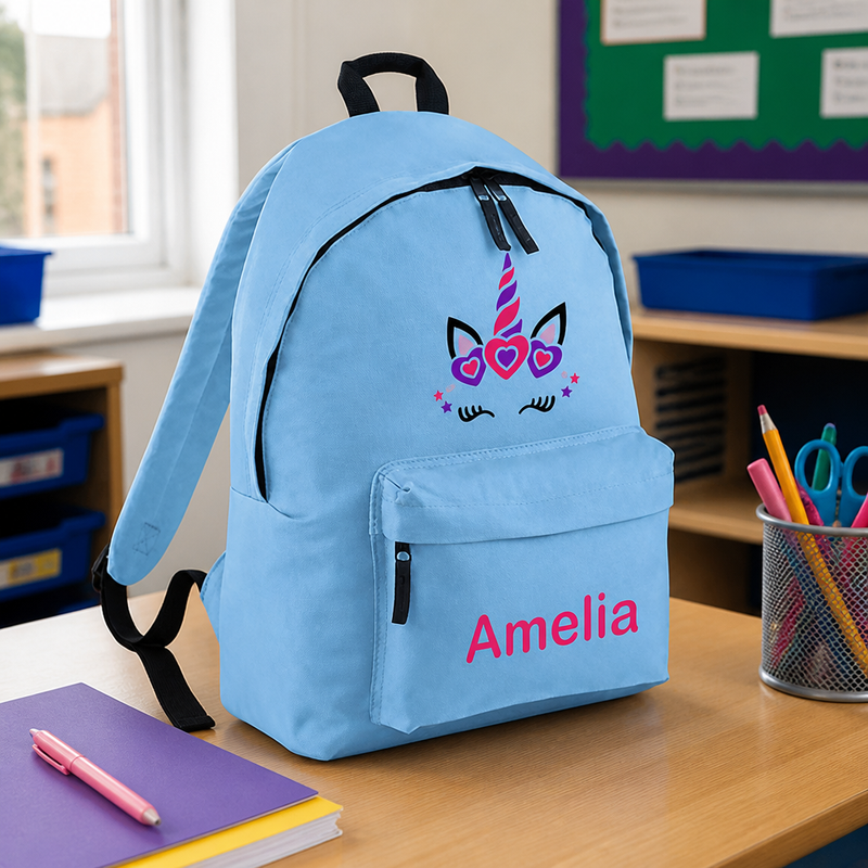 Personalised Unicorn Face - Light Blue Kids Backpack with Name