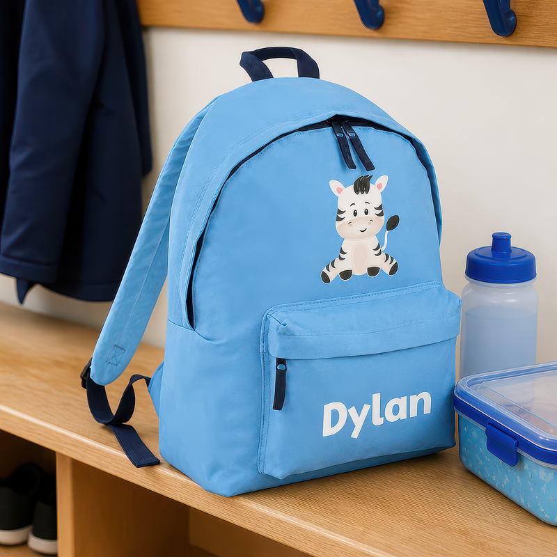 Personalised Zebra - Light Blue Kids Backpack with Name - alternative view