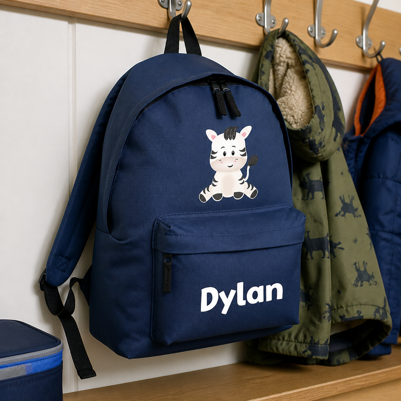 Personalised Cute Zebra - Navy Kids Backpack with Name