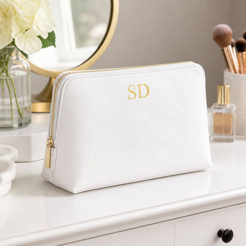Personalised Soft White Initial Makeup Bag with Initials