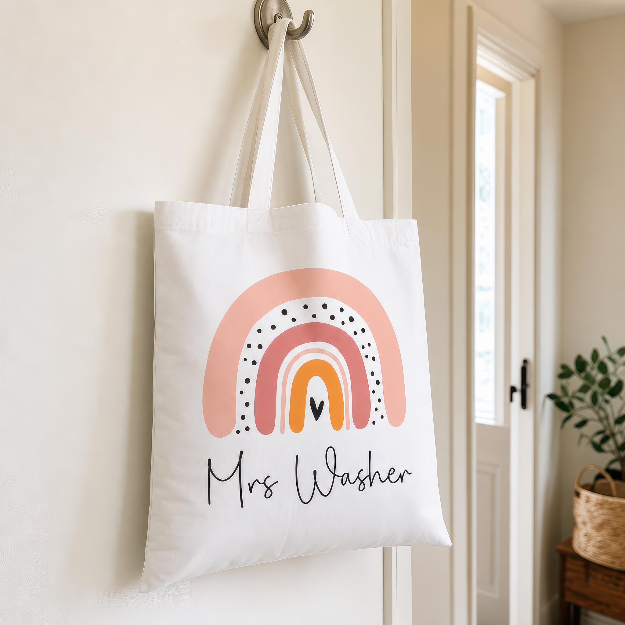 Personalised White Boho Rainbow Teacher Tote Bag with Name - alternative view