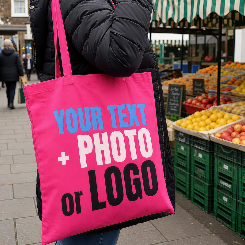 Personalised Bright Pink Cotton Tote Bag for Logo, Photo or Text - alternative view