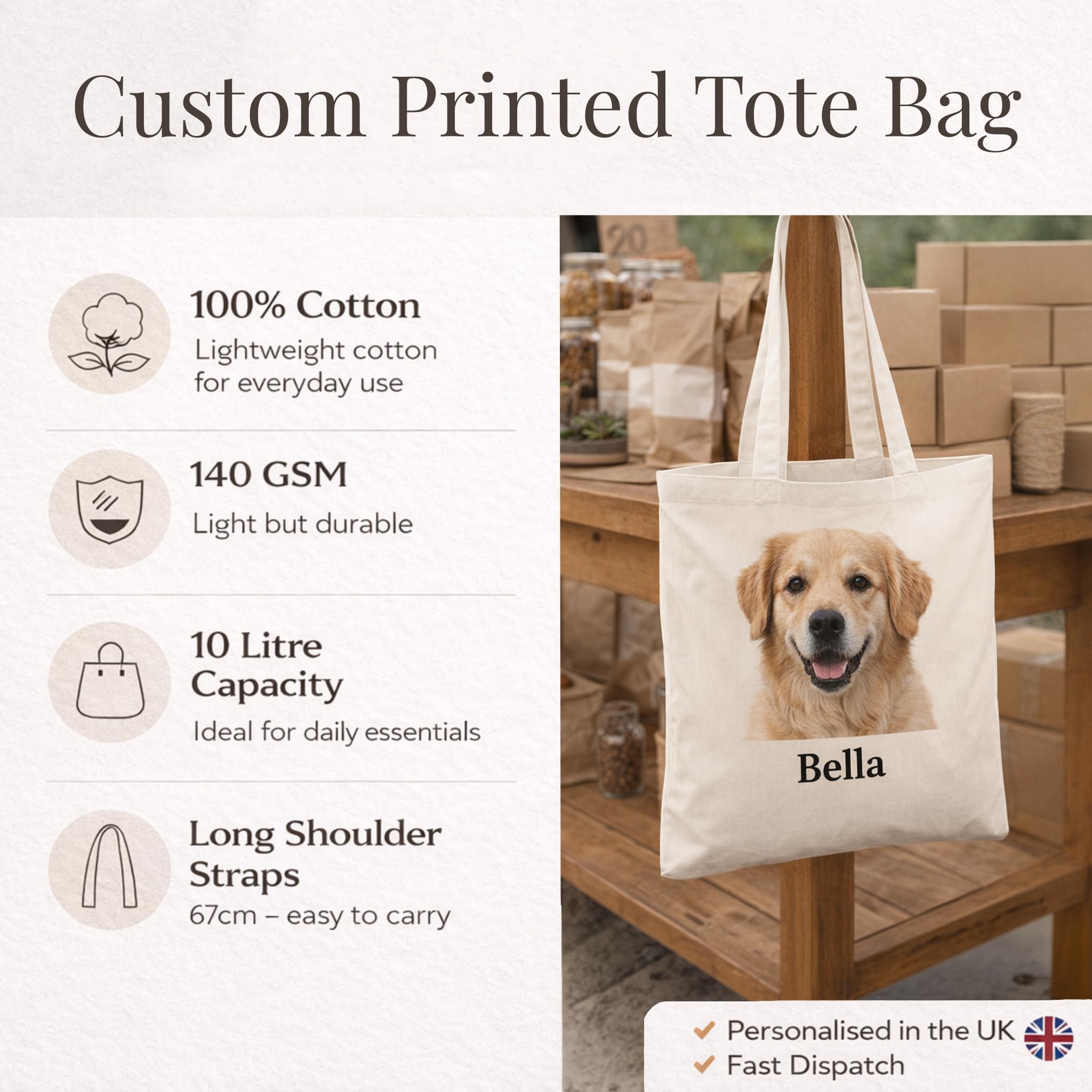 Personalised White Cotton Tote Bag for Logo, Photo or Text