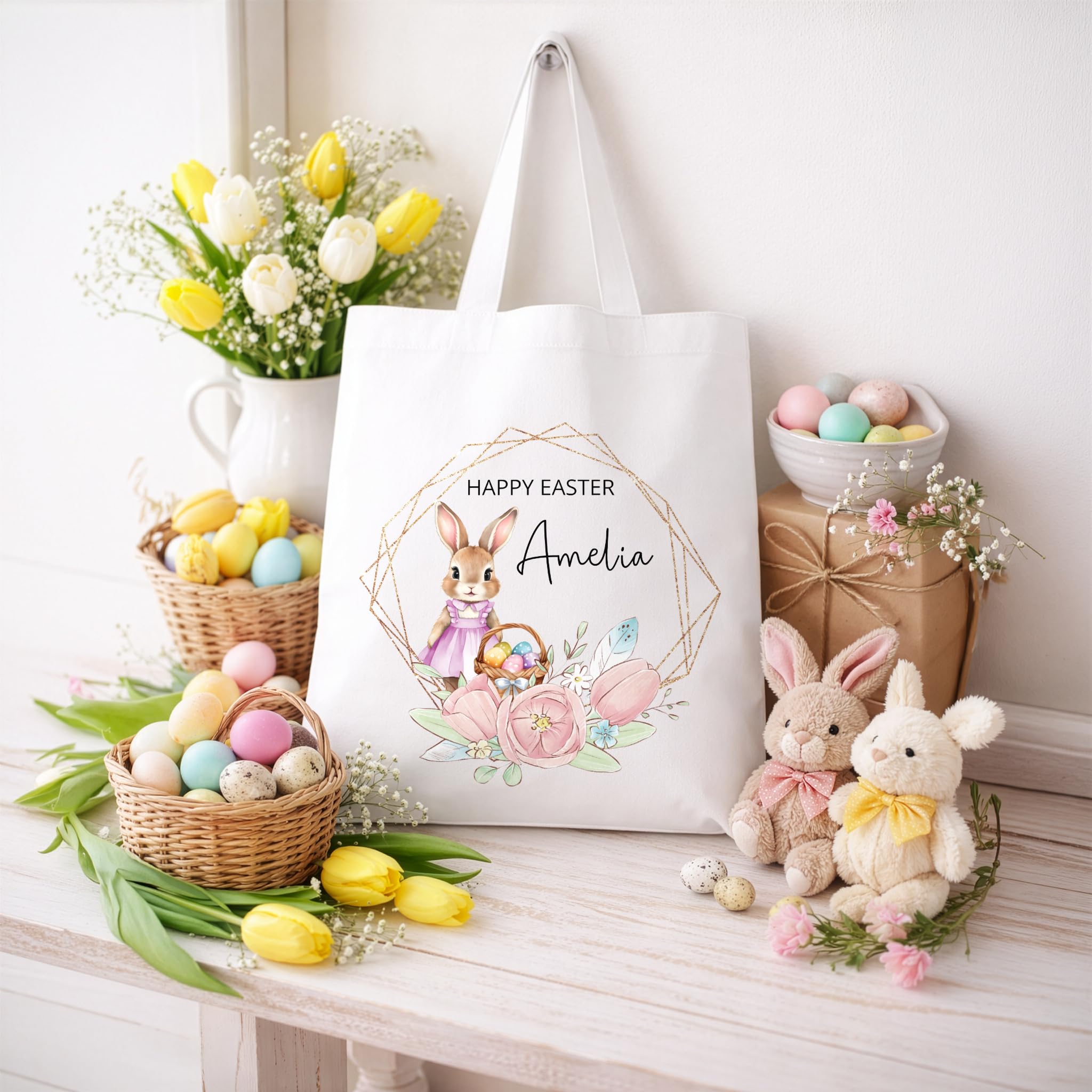 Personalised Pink Rabbit Easter Tote Bag with Name