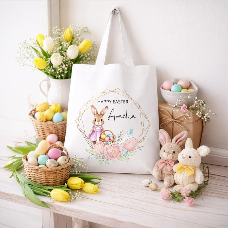 Personalised Pink Rabbit Easter Tote Bag with Name