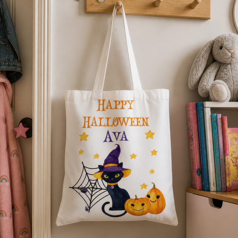 Personalised Cat Trick or Treat Tote Bag with Name - alternative view