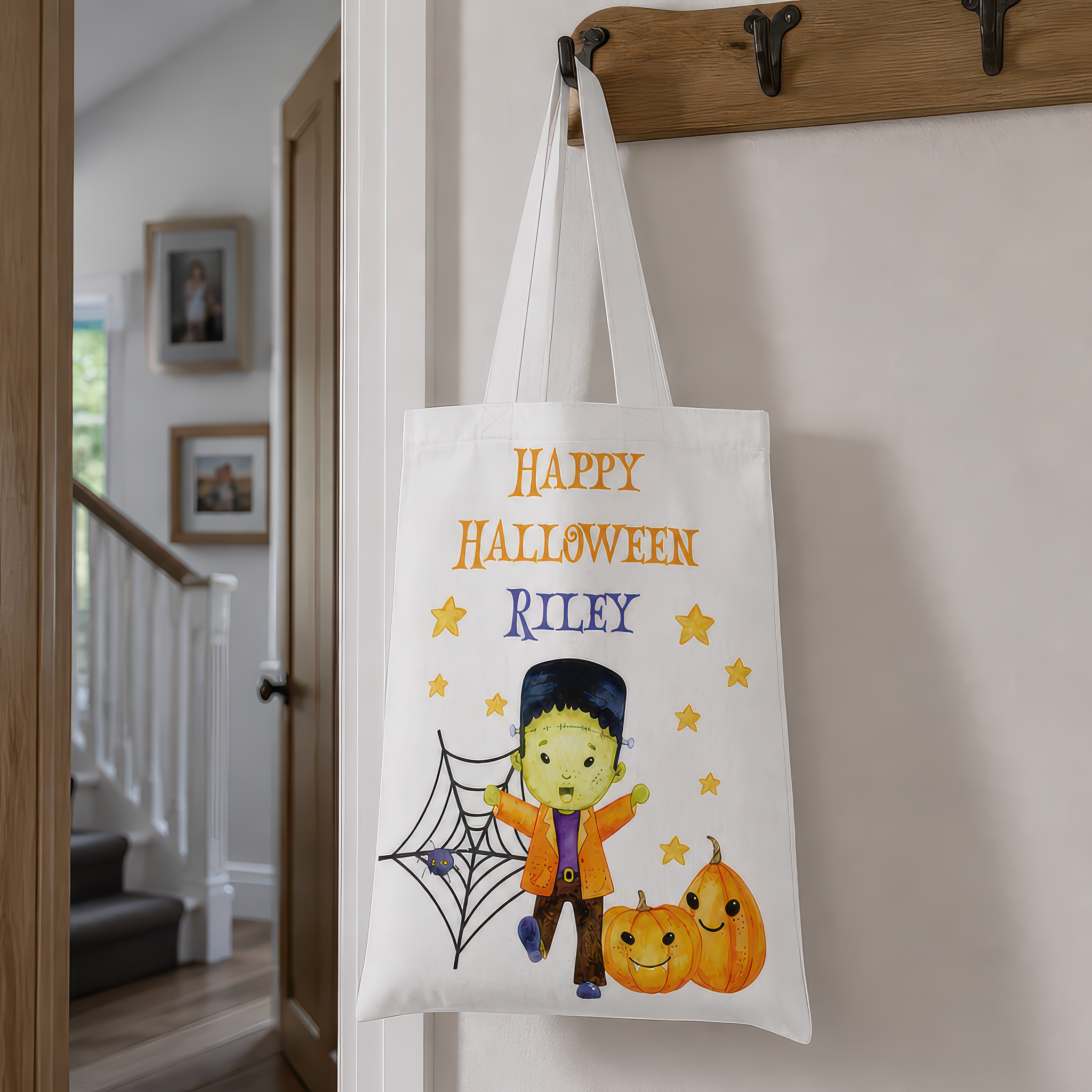 Personalised White Monster Trick or Treat Tote Bag with Name