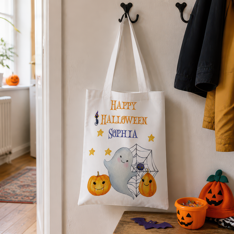 Personalised White Ghost Trick or Treat Tote Bag with Name