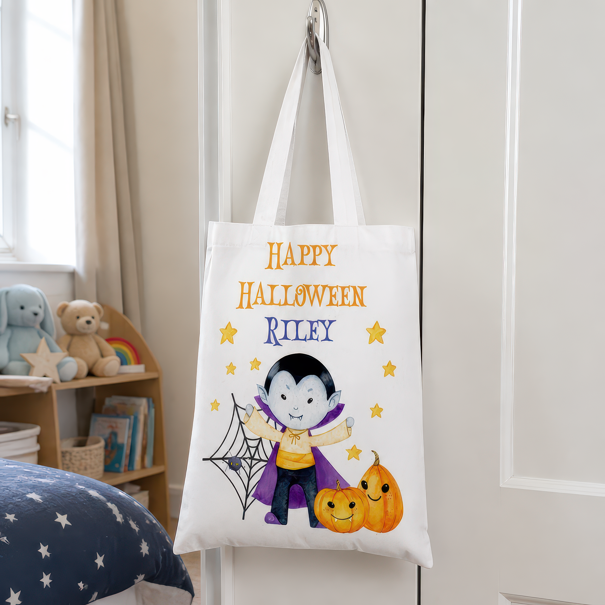 Personalised White Vampire Trick or Treat Tote Bag with Name