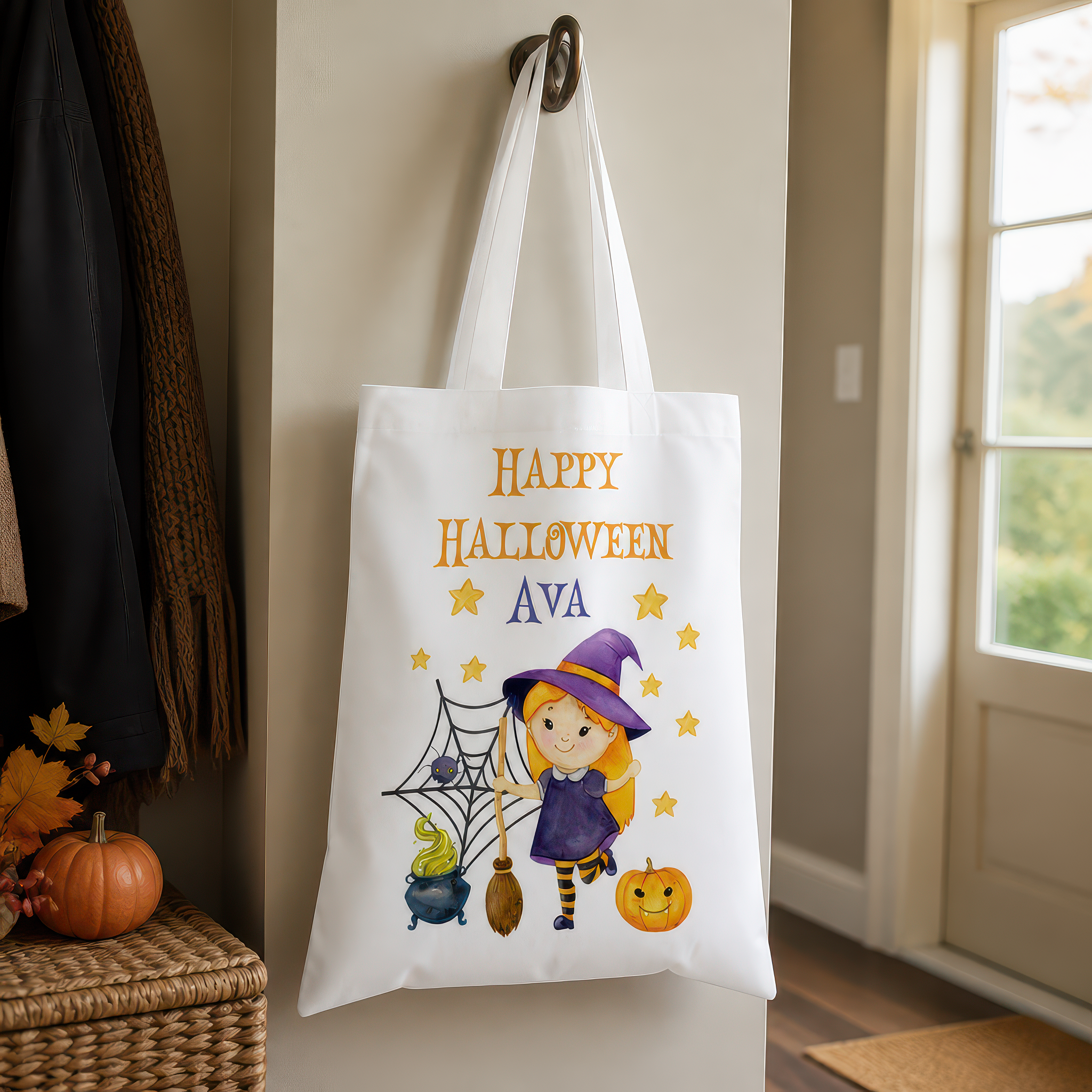 Personalised Witch and Cauldron Trick or Treat Tote Bag