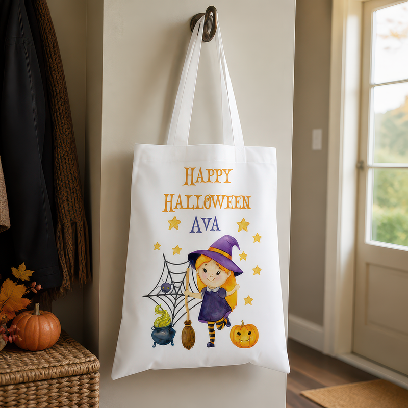 Personalised Witch and Cauldron Trick or Treat Tote Bag