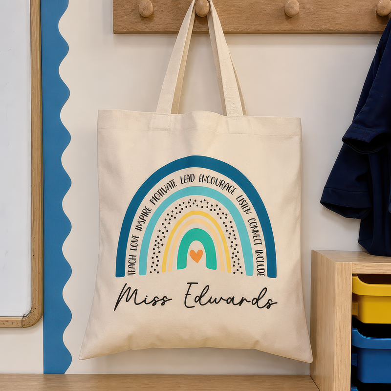 Personalised Blue Rainbow Teacher Tote Bag with Name - alternative view