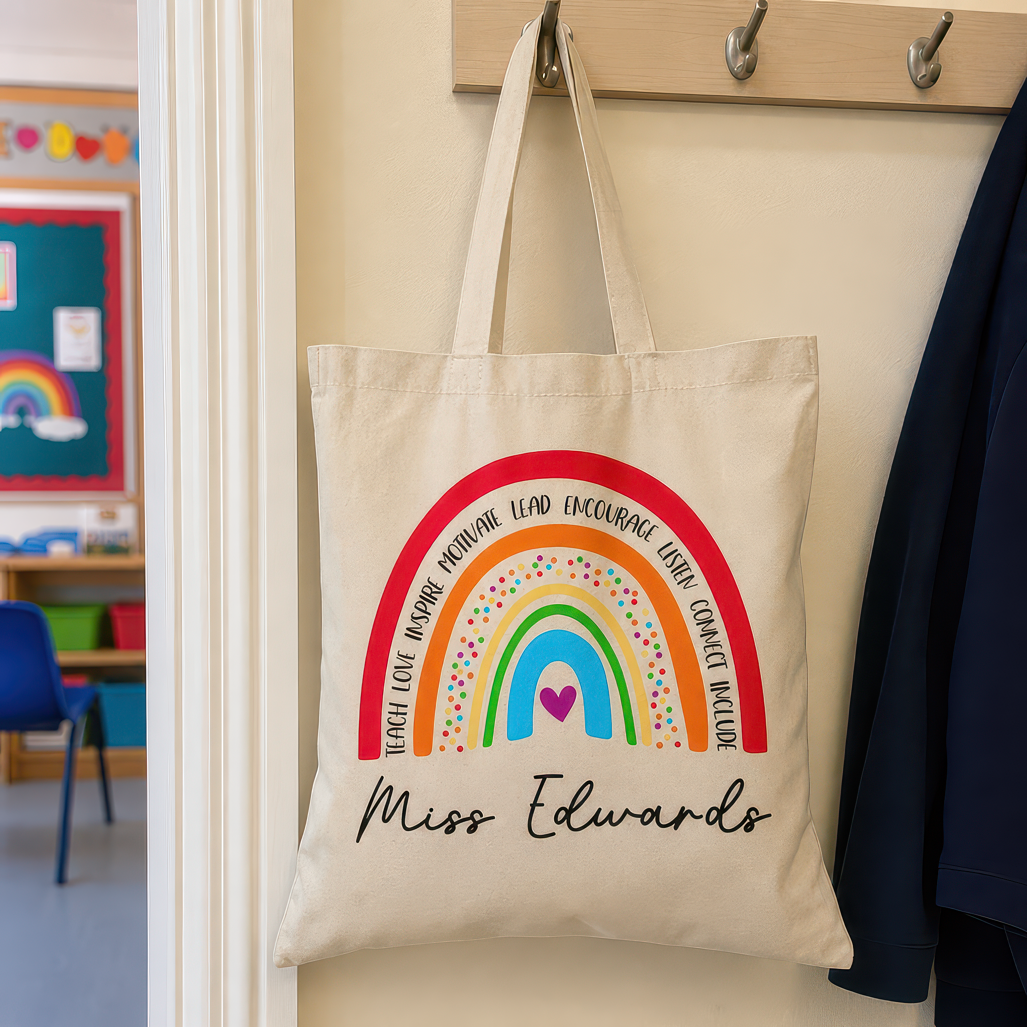 Personalised Colour Rainbow Teacher Tote Bag with Name - alternative view