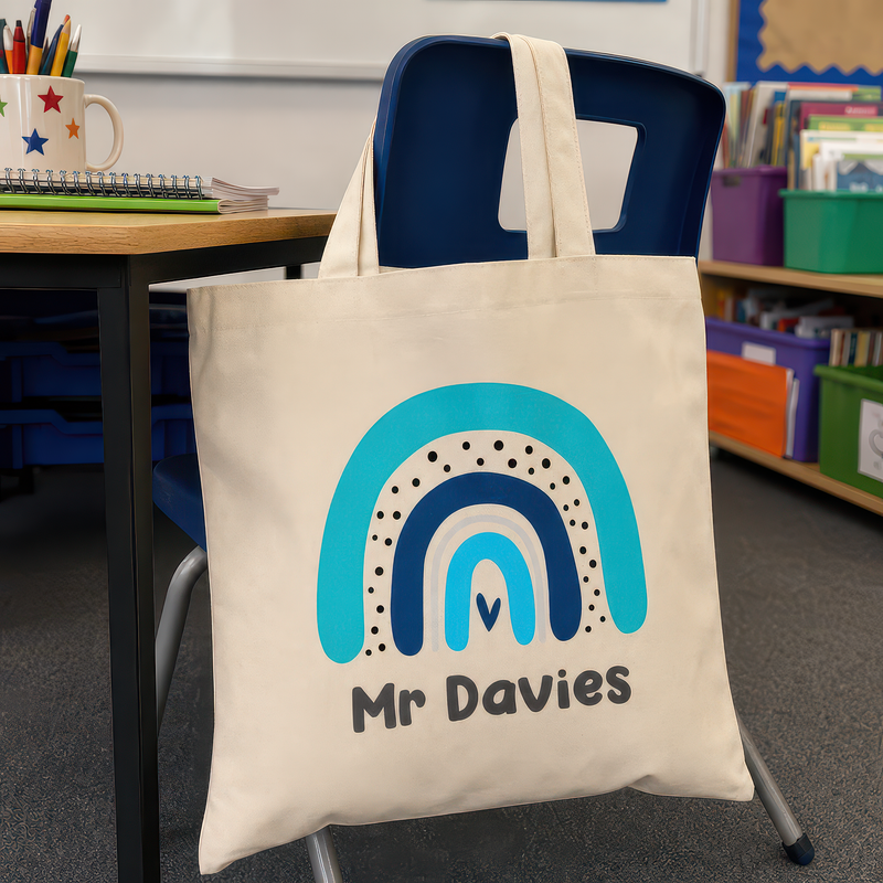 Personalised Blue Boho Rainbow Teacher Tote Bag with Name - alternative view