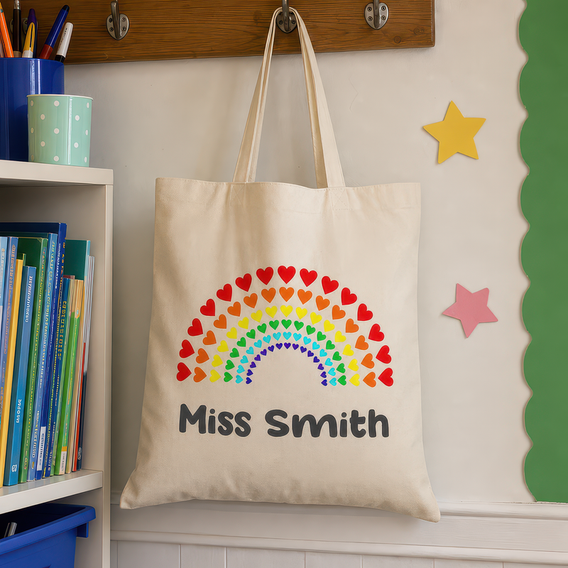Personalised Rainbow Heart Teacher Tote Bag with Name - alternative view