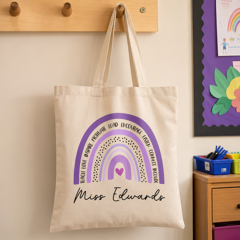 Personalised Purple Rainbow Teacher Tote Bag with Name - alternative view