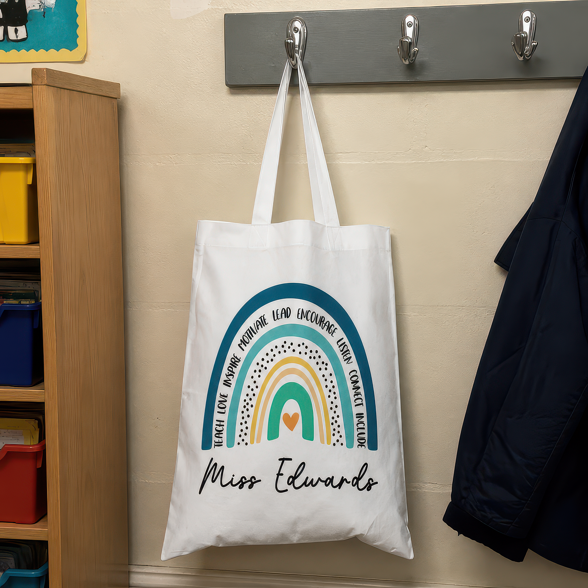 Personalised Teal Teacher Rainbow Tote Bag with Name