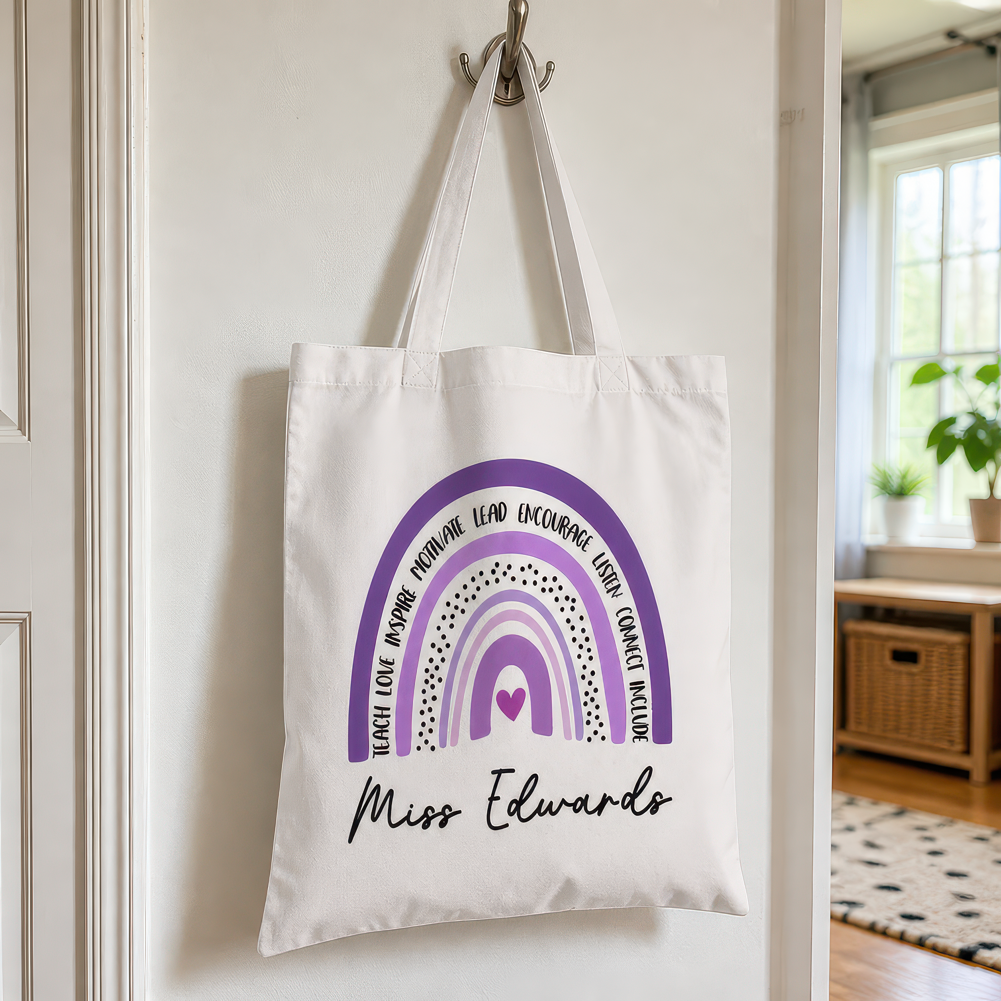Personalised Purple Teacher Rainbow Tote Bag with Name