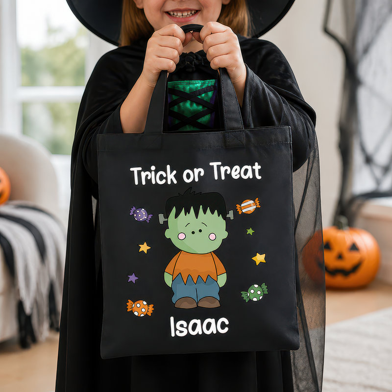 Personalised Black Frankenstein Trick or Treat Tote Bag with Name