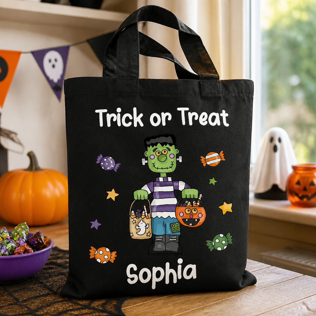 Personalised Black Frankenstein Treats Tote Bag with Name