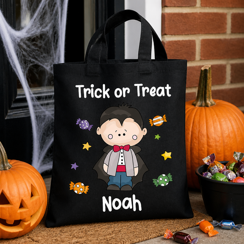 Personalised Black Vampire Trick or Treat Tote Bag with Name