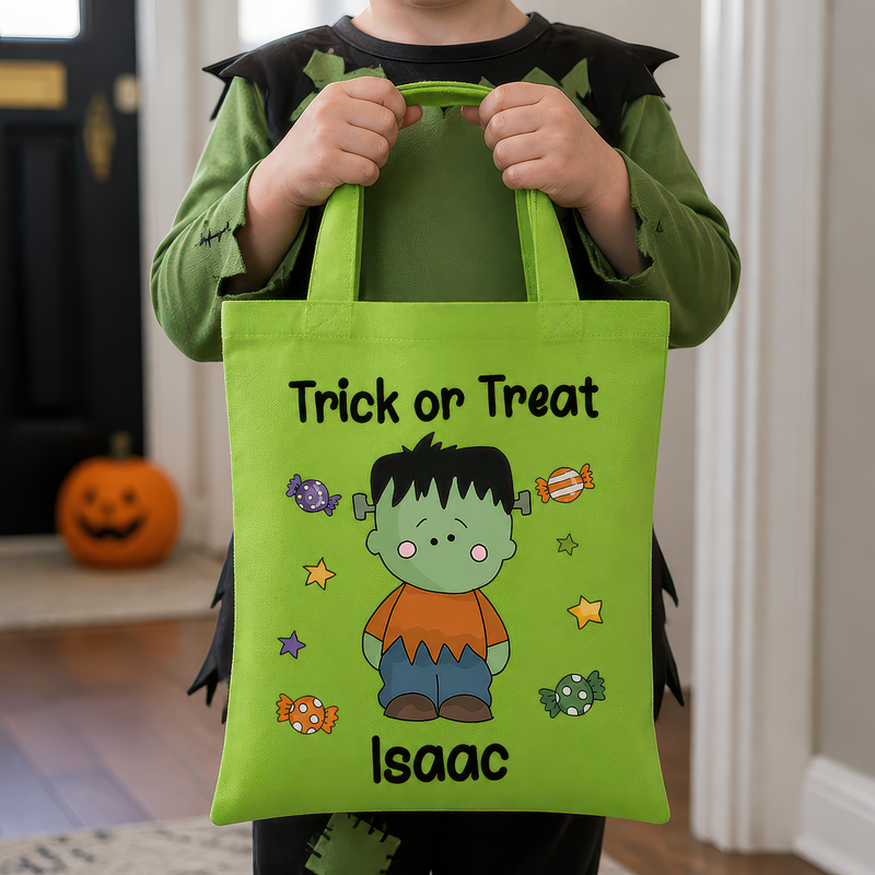 Personalised Green Frankenstein Trick or Treat Tote Bag with Name
