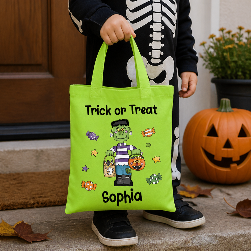 Personalised Green Frankenstein Treats Tote Bag with Name