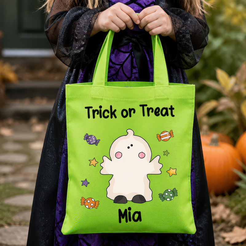 Personalised Green Ghost Trick or Treat Tote Bag with Name