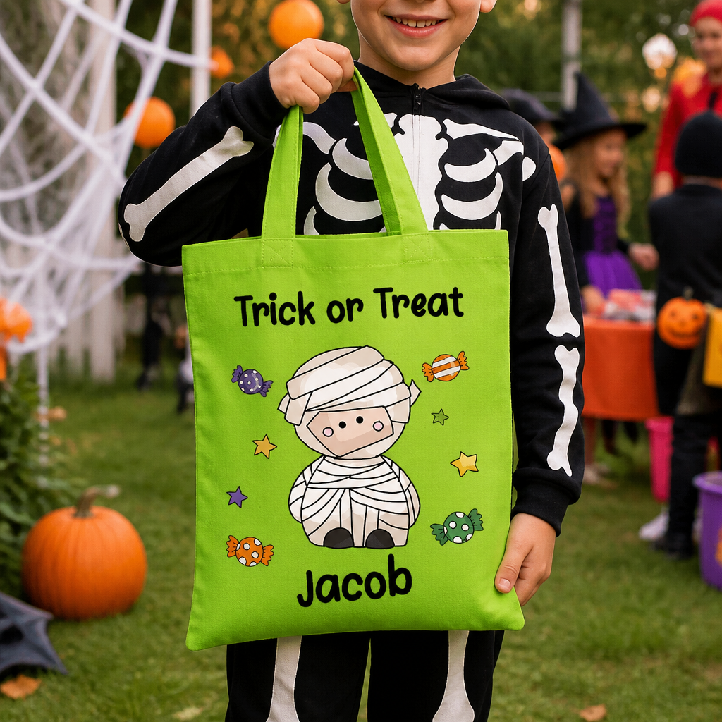 Personalised Green Mummy Trick or Treat Tote Bag with Name
