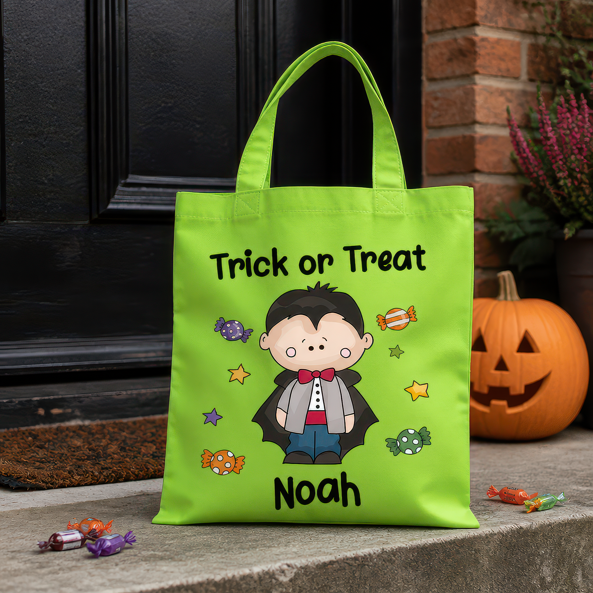 Personalised Green Vampire Trick or Treat Tote Bag with Name