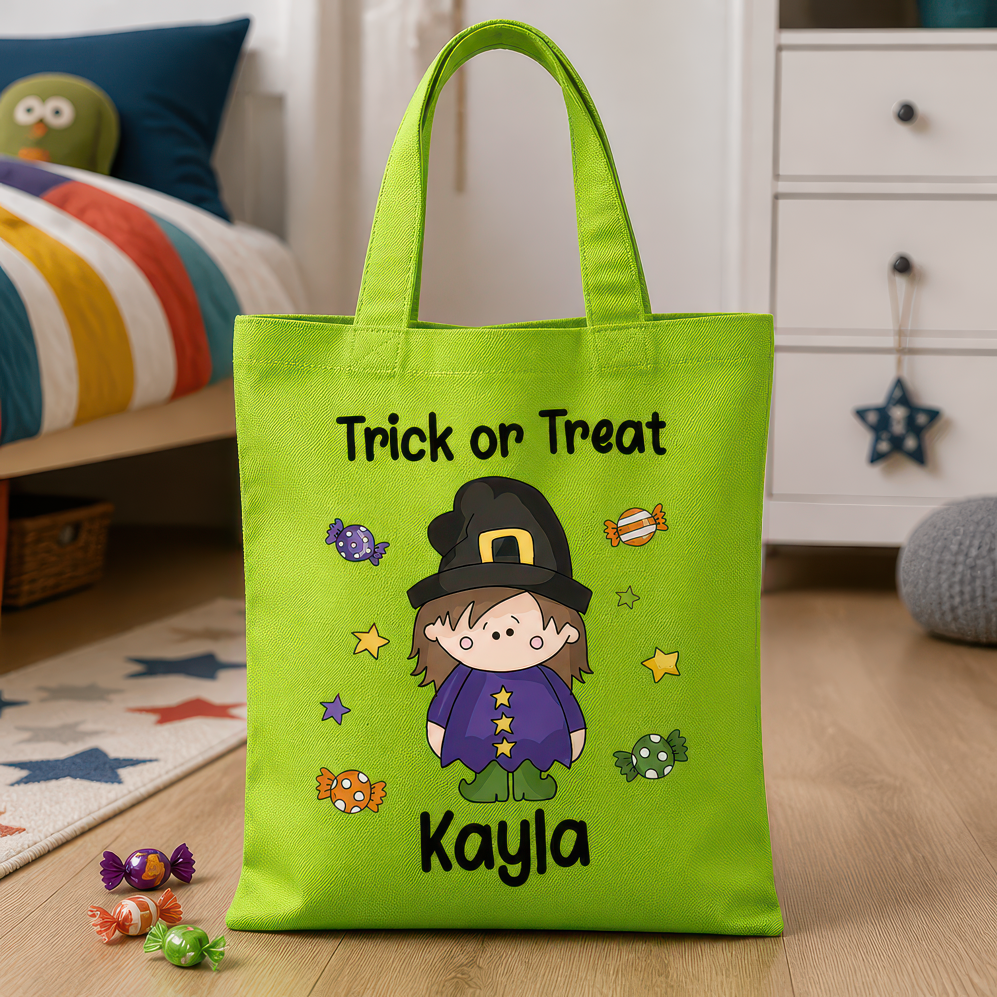 Personalised Green Witch Trick or Treat Tote Bag with Name