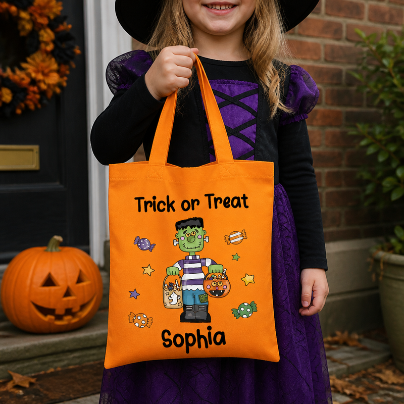Personalised Orange Frankenstein Treats Tote Bag with Name