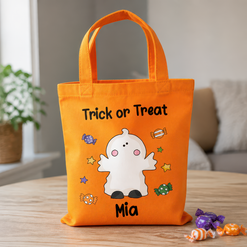 Personalised Orange Ghost Trick or Treat Tote Bag with Name