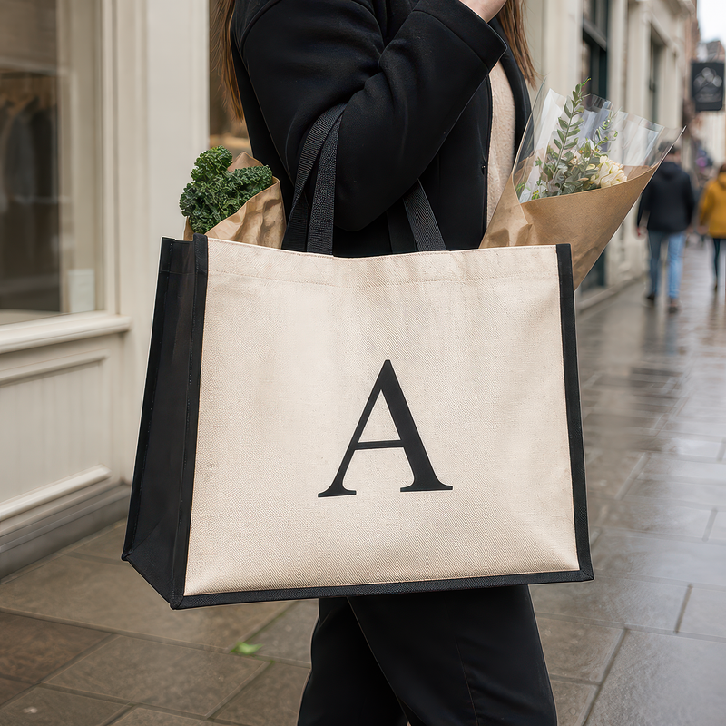 Personalised Black Initial Jute Tote Bag