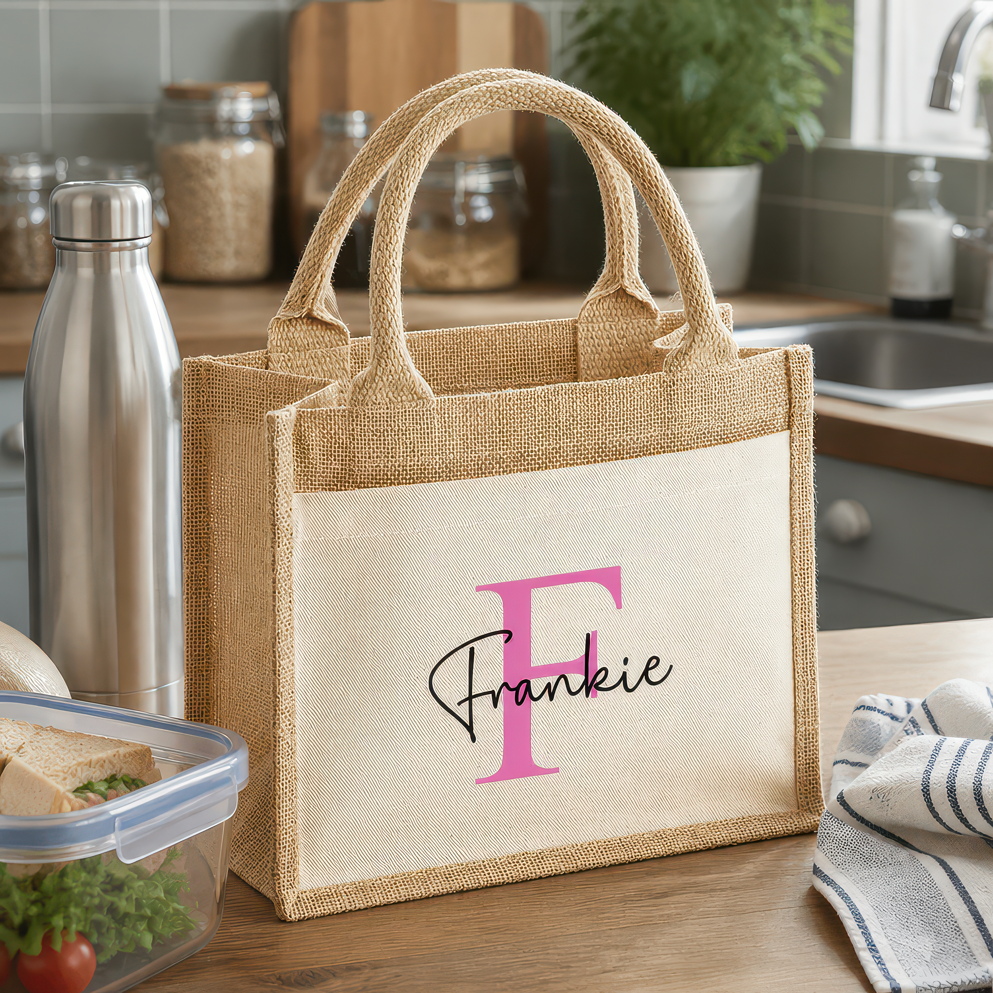 Personalised Pink Initial Jute Lunch Bag