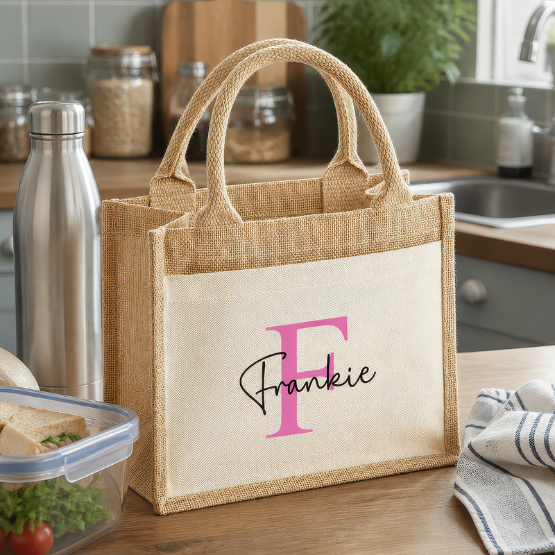 Personalised Pink Initial Jute Lunch Bag