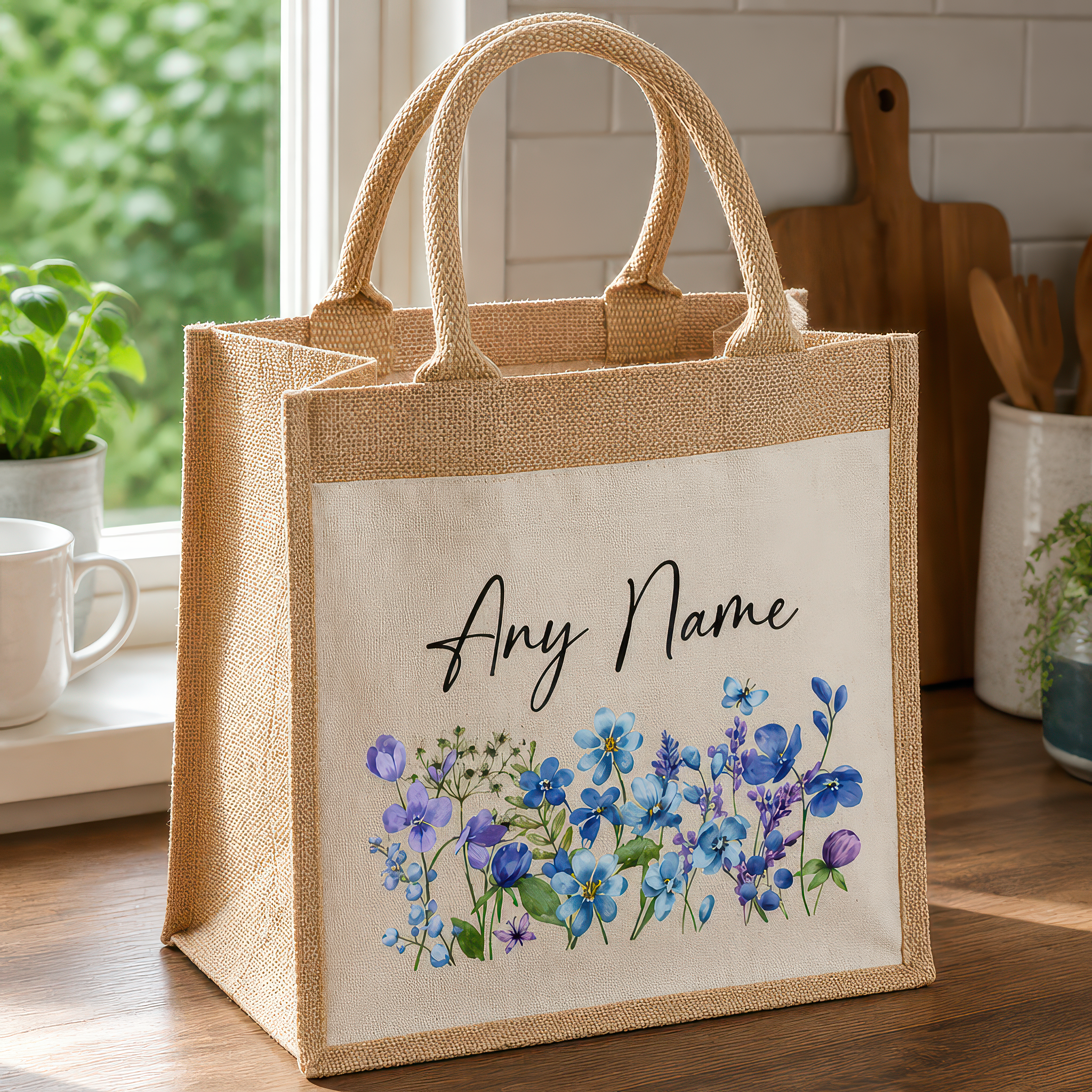 Personalised Blue Flowers Any Name Jute Tote Bag with Name - alternative view