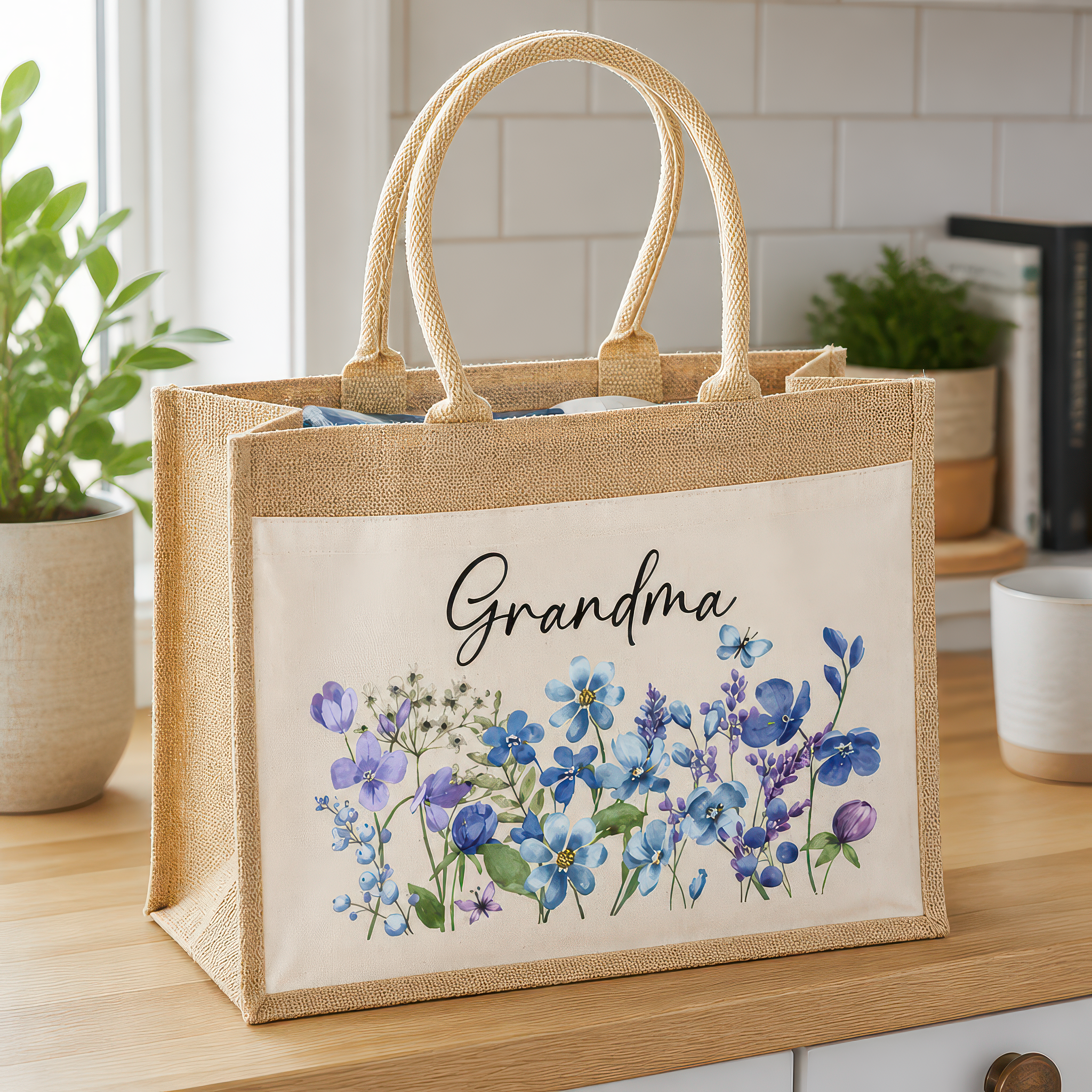 Personalised Grandma Blue Flowers Jute Tote Bag with Name - alternative view