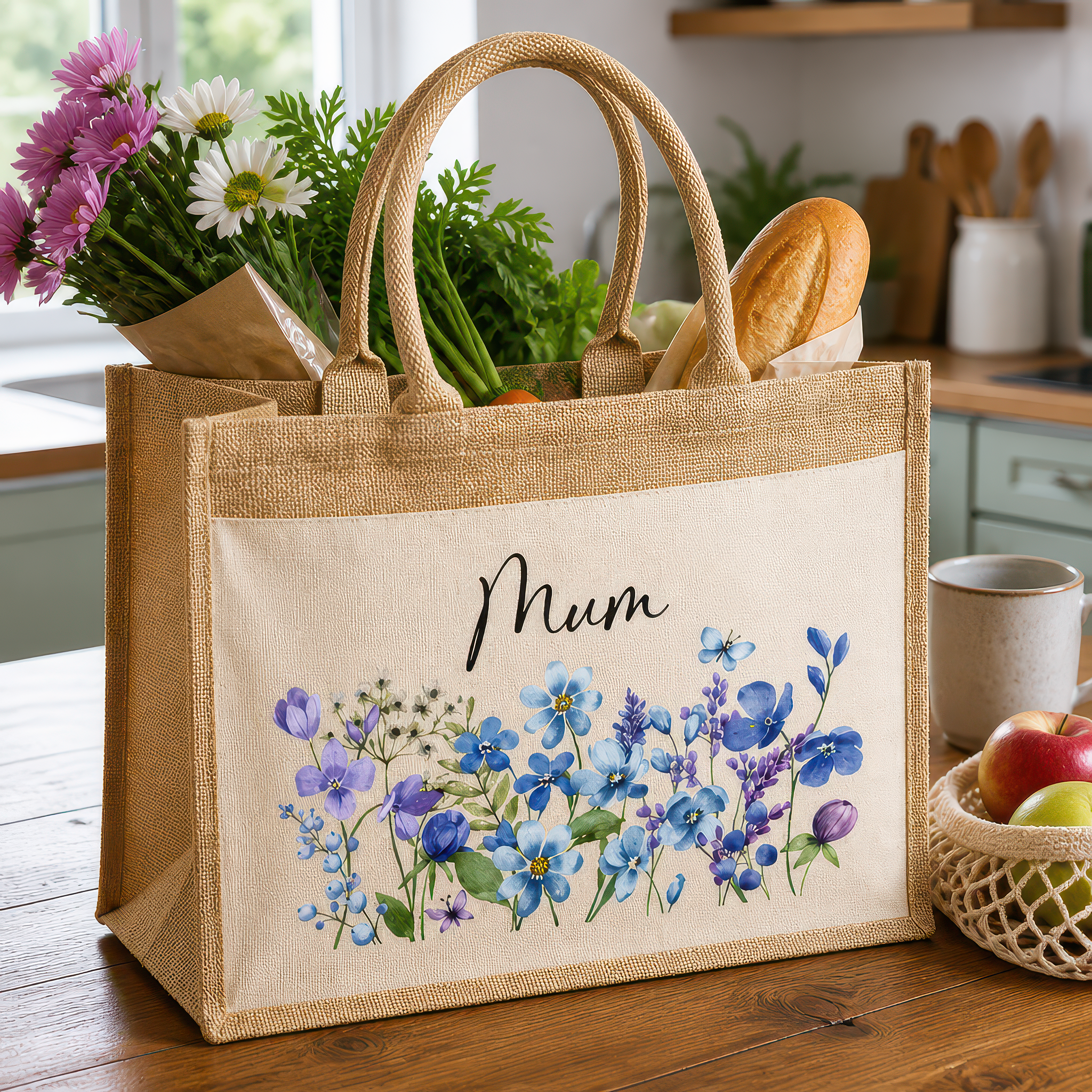 Personalised Mum Blue Flowers Jute Tote Bag with Name - alternative view
