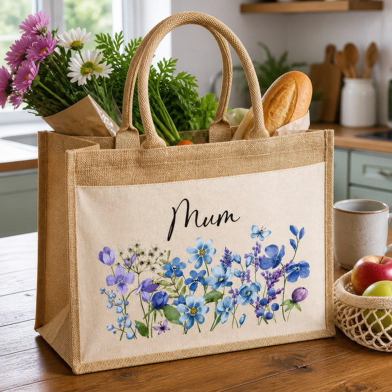 Personalised Mum Blue Flowers Jute Tote Bag with Name - alternative view