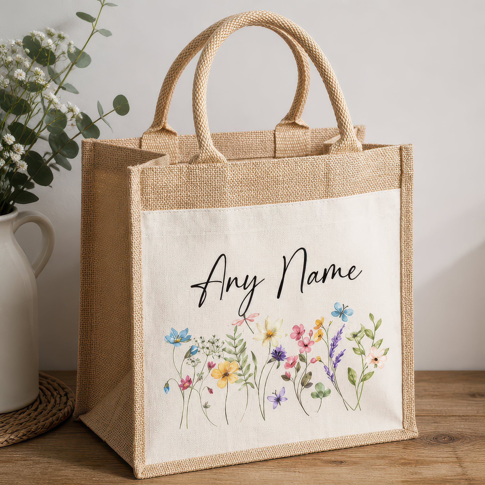 Personalised Wild Flowers Any Name Jute Tote Bag with Name - alternative view