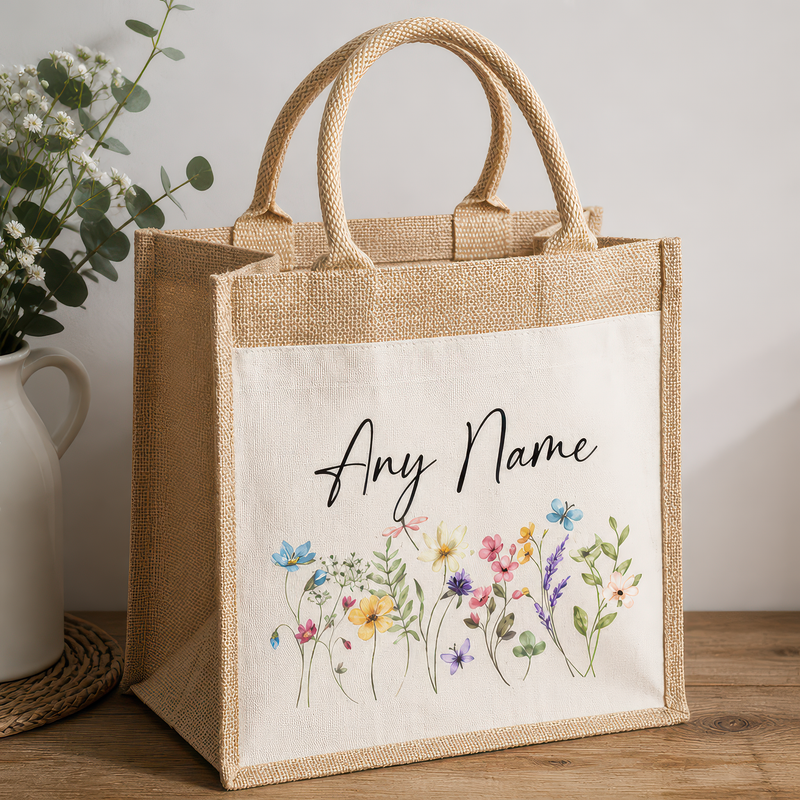 Personalised Wild Flowers Any Name Jute Tote Bag with Name - alternative view